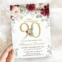 Aniversário de 90 anos Elegante Floral Borgonha e
