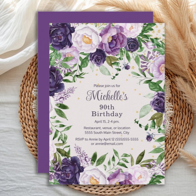 Convites Aniversário de 90 anos Elegante Lavanda Roxa Flora (Elegant purple and lavender watercolor floral 90th birthday party invitation)
