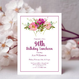 Convites Aniversário de 90 anos em Floral Aquarela Rosa