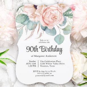 Convites Aniversário de 90 anos em floral de aquarela rosa 