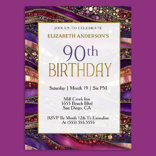 Convites Aniversário de 90 anos em Purple Gold Jeweled Stra
