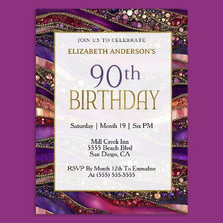 Convites Aniversário de 90 anos em Purple Gold Jeweled Stra