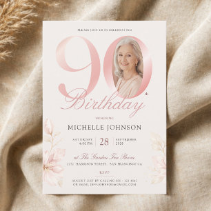 Convites Aniversário de 90 anos em Rosa Elegante Floral Fot