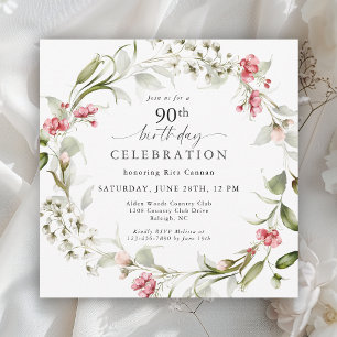Convites Aniversário de 90 anos Feminino com Flores em Aqua