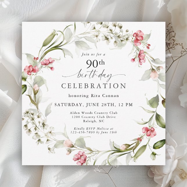 Convites Aniversário de 90 anos Feminino com Flores em Aqua (Criador carregado)