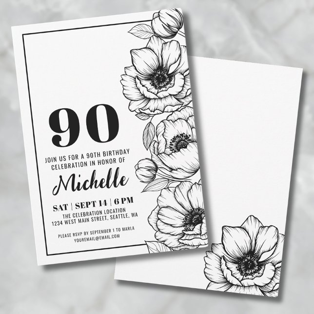 Convites Aniversário de 90 anos Floral (Elegant Floral 90th Birthday Invitation)