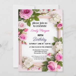 Convites Aniversário de 90 anos Floral Aquarela Rosa e Bege