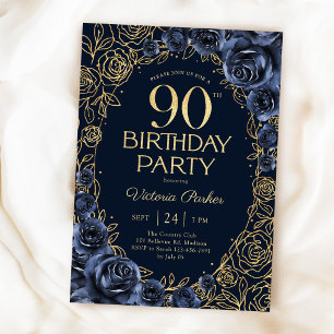 Convites Aniversário de 90 anos floral azul marinho dourado