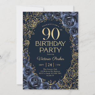 Convites Aniversário de 90 anos floral azul marinho dourado