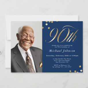 Convites Aniversário de 90 anos Foto Azul Marinho Dourado E