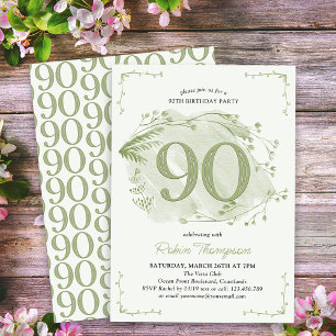 Convites Aniversário de 90 anos Green Dainty Wildflower Núm
