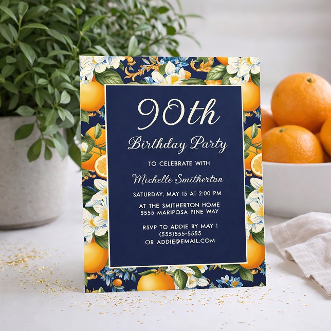 Convites Aniversário de 90 anos Laranja Flores Brancas Azul (Oranges on navy blue 90th birthday invitation)