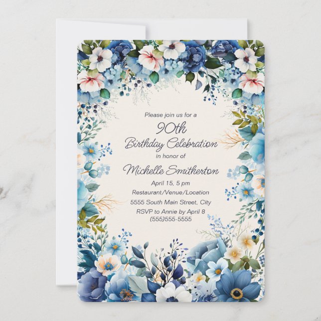 Convites Aniversário de 90 anos Navy Dusty Blue White Flowe (Frente)