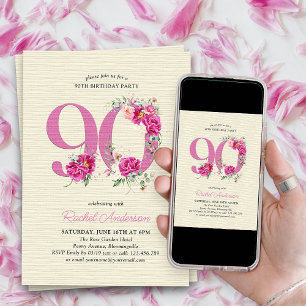 Convites Aniversário de 90 anos Peônia Rosa Floral Número 9