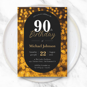 Convites Aniversário de 90 anos Preto Dourado Simples Elega