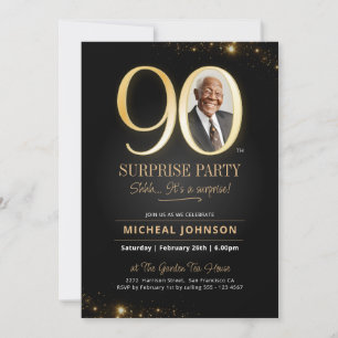 Convites Aniversário de 90 anos Preto Elegante Foto Surpres