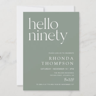 Convites Aniversário de 90 anos Sage Green Hello Ninety Mod