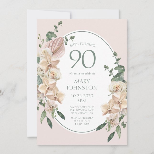Convites Aniversário de 90 anos Tropical Floral (Frente)