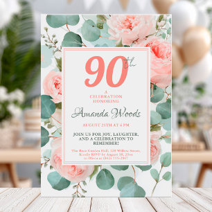 Convites Aniversário de 90 floral de pincel elegante com ro
