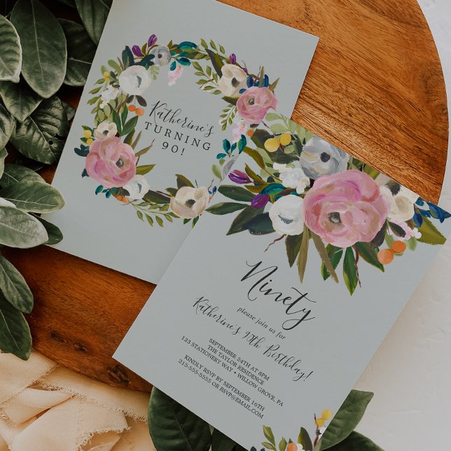 Convites Aniversário de 90 Floral Pintado (Criador carregado)