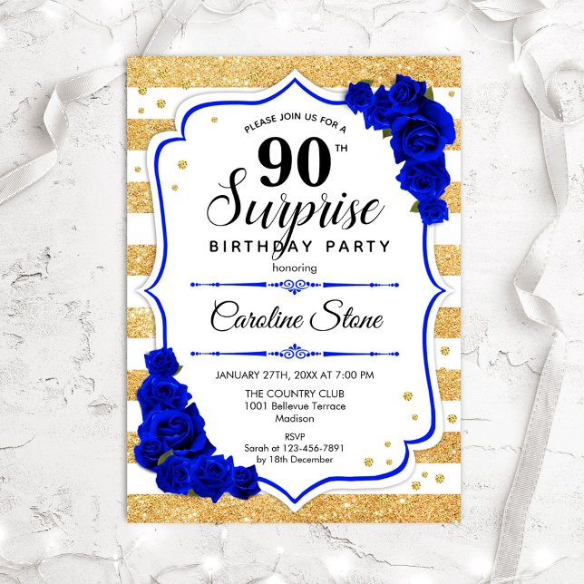 Convites Aniversário de 90 Surpresa - Azul Branco Dourado (Criador carregado)