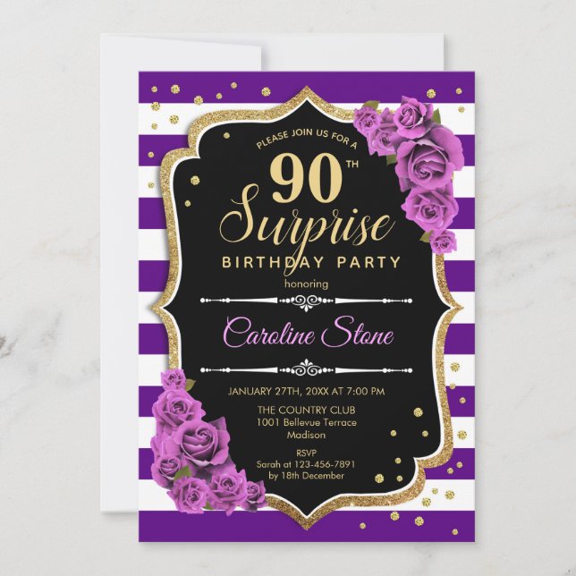 Convites Aniversário de 90 Surpresa - Dourado Roxo (Frente)