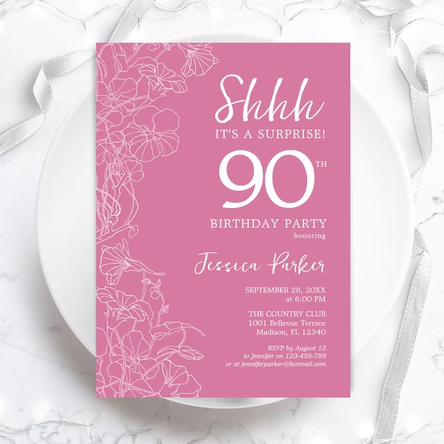 Convites Aniversário de 90 Surpresa - Rosa Floral (Criador carregado)