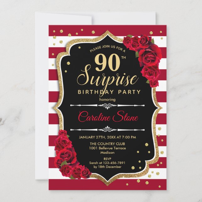 Convites Aniversário de 90 Surpresa - Vermelho Branco Negro (Frente)
