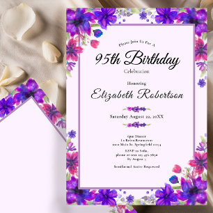 Convites Aniversário de 95 anos Elegante Floral Roxa