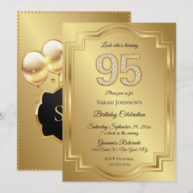 Convites Aniversário de 95 anos Gold & Diamonds (Frente/Verso)
