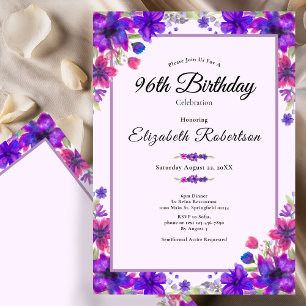 Convites Aniversário de 96 anos Elegante Floral Roxa