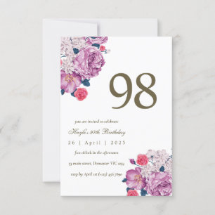 Convites Aniversário de 98 anos com estampa floral roxa bot