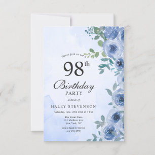 Convites Aniversário de 98 anos em Azul Desbotado Aquarela 