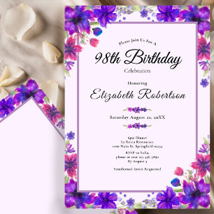Convites Aniversário de 98 anos Floral Elegante Roxa