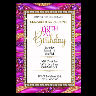 Convites Aniversário de 98 anos Glam Pink Gold Jeweled Stra