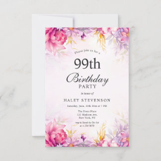 Convites Aniversário de 99 anos Chic Floral Pastel e Femini