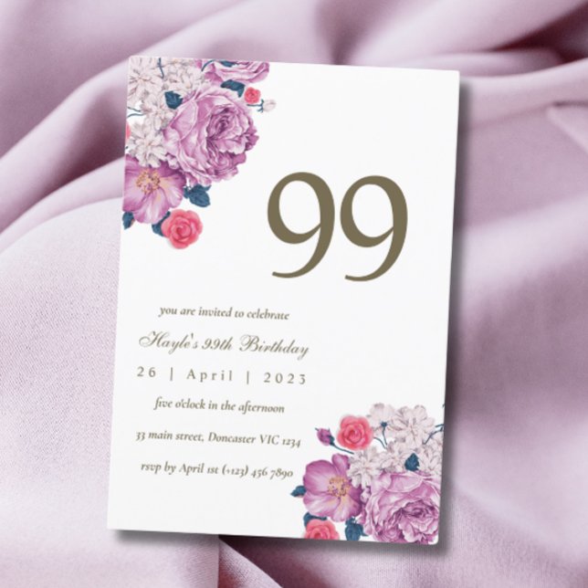 Convites Aniversário de 99 anos com estampa floral roxa bot (Criador carregado)