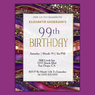 Convites Aniversário de 99 anos em Purple Gold Jeweled Stra