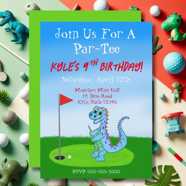 Convites Aniversário de 9 anos com tema de Golfe de Dinossa (Criador carregado)