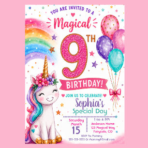 Convites Aniversário de 9 anos da Menina Unicórnio Mágica