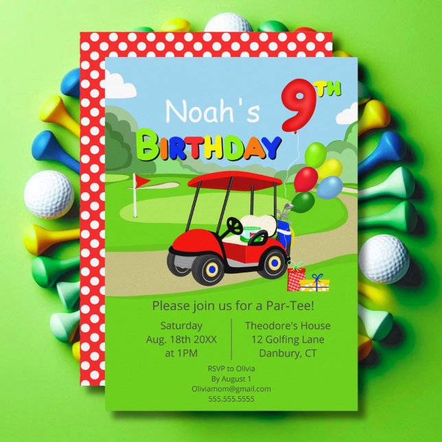 Convites Aniversário de 9 anos de carrinho de golfe vermelh (Criador carregado)