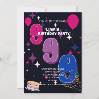 Convites Aniversário de 9 anos Vibrante | Confetes Rosa Azu