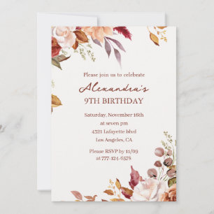 Convites Aniversário de 9 anos Watercolor Floral Fall