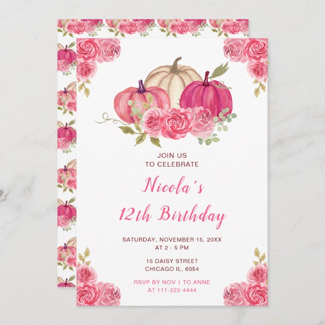 Convites Aniversário de Abóboras Florais Quentes (Frente/Verso)