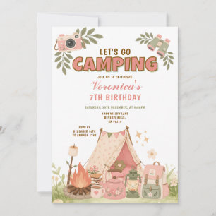 Convites Aniversário de Acampamento Cor-de-Rosa Aventura ao