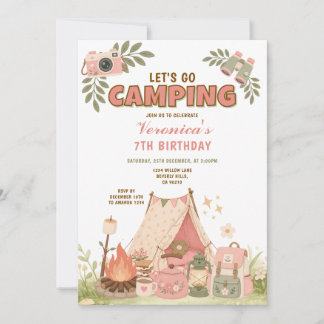 Convites Aniversário de Acampamento Cor-de-Rosa Aventura ao