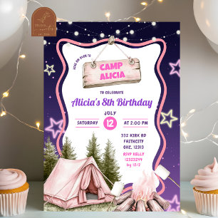 Convites Aniversário de Acampamento de Menina Rosa Roxa