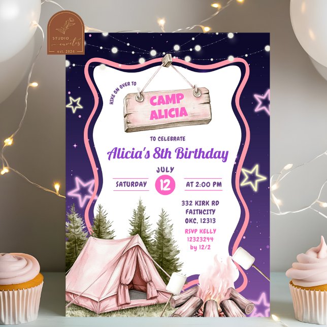 Convites Aniversário de Acampamento de Menina Rosa Roxa  (Criador carregado)