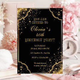 Convites Aniversário de Adulto Luxuoso Elegante Preto Doura