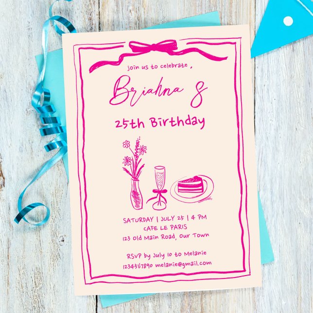 Convites Aniversário de adultos com fita retrorrosa desenha (Hand drawn retro vintage pink ribbon birthday party invitation template digital download whimsical)